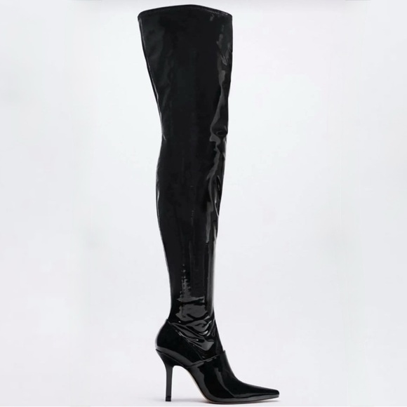 Zara Black Patent Over-the-Knee Stiletto Boots. Retail: $199. US 7.5, EU 38 size - Picture 2 of 16